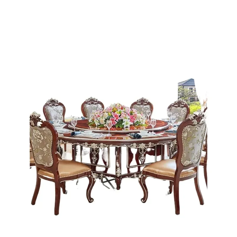 European Neoclassical Round Dining Table Full Solid Wood Carved Flower Red Rosewood Parquet Surface Large Electric Rotating