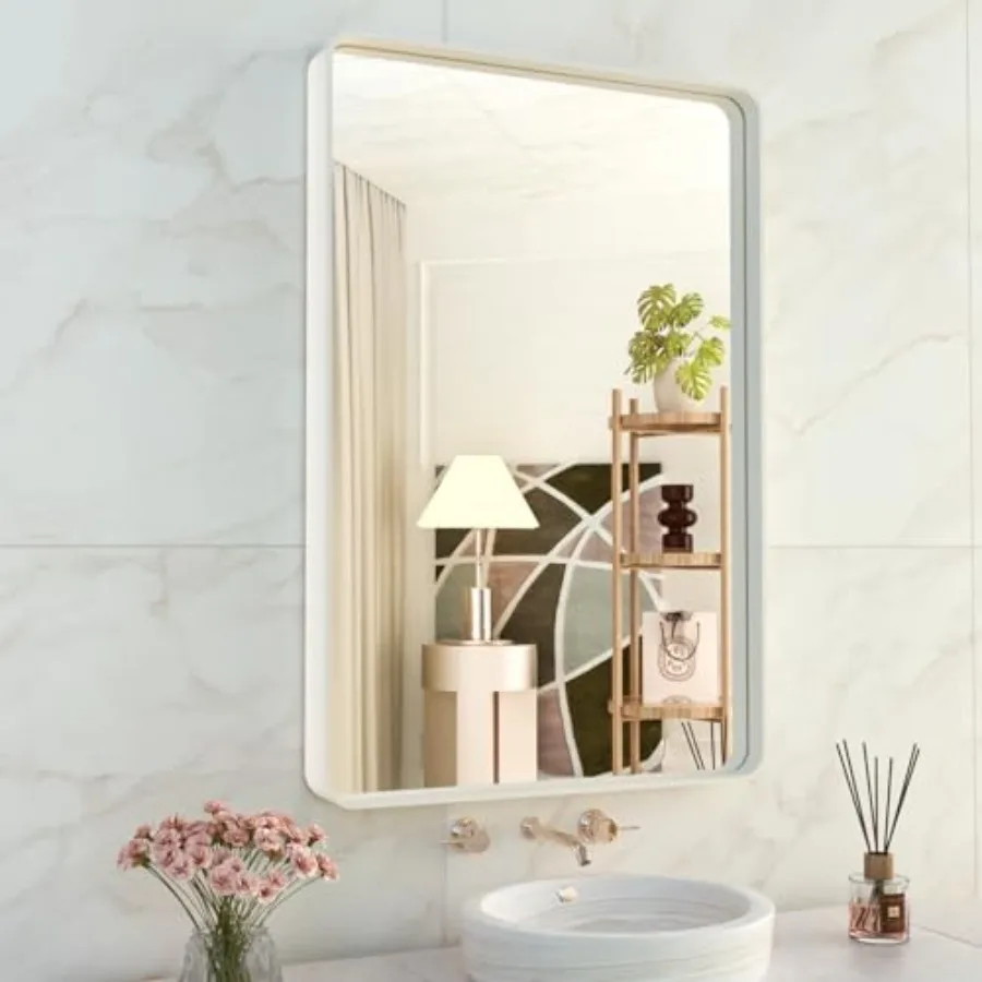 

Bathroom Mirror 24X36 Inch Rounded Rectangle Metal Frame Mirror Matte Bathroom Vanity Mirror with Tempered Glass Anti-Rust Hang