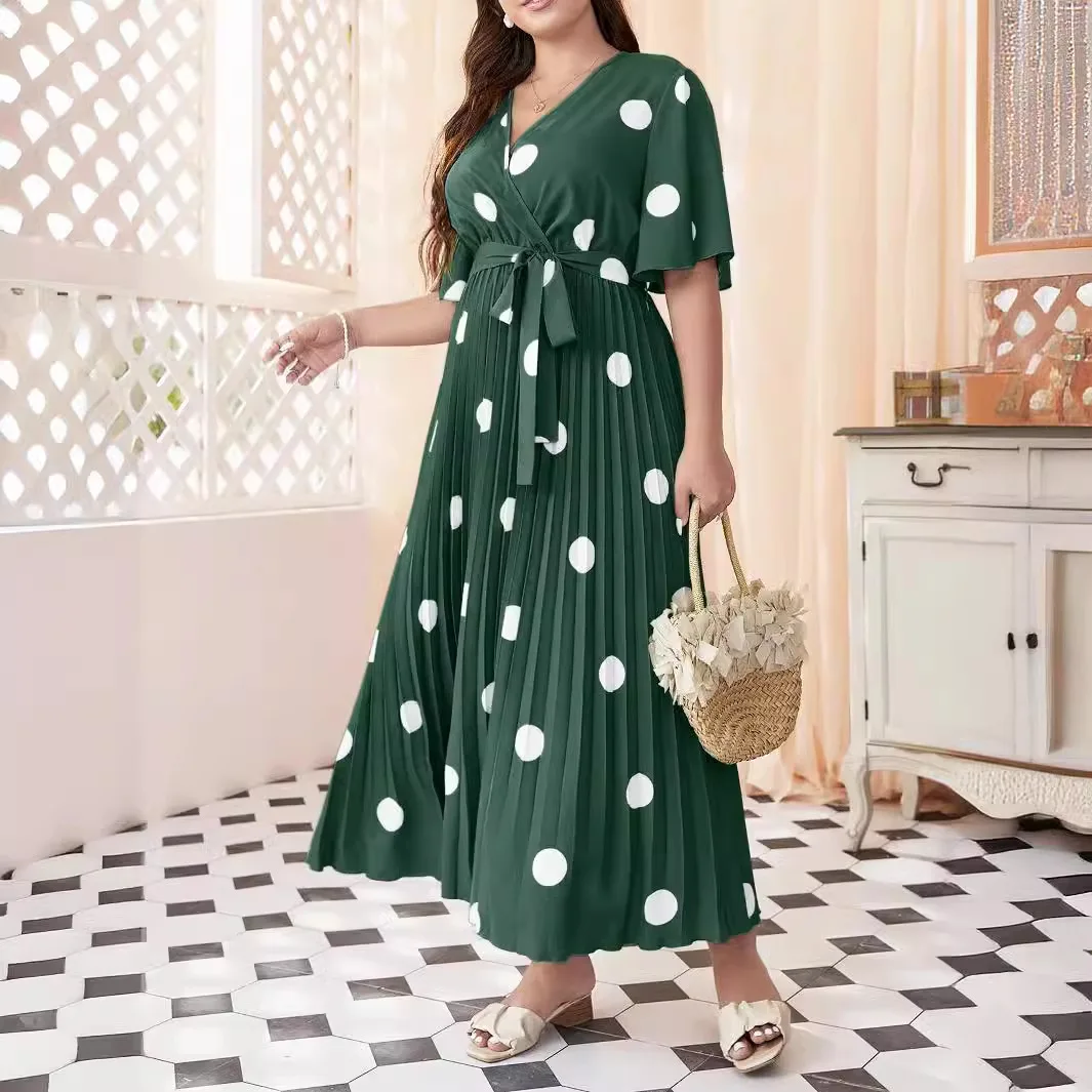 

Plus Size Polka Dot Print V-Neck Short Sleeve Dress Women Summer 2024 New Holiday Beach Vintage Pleated Hem Maxi Long Dresses