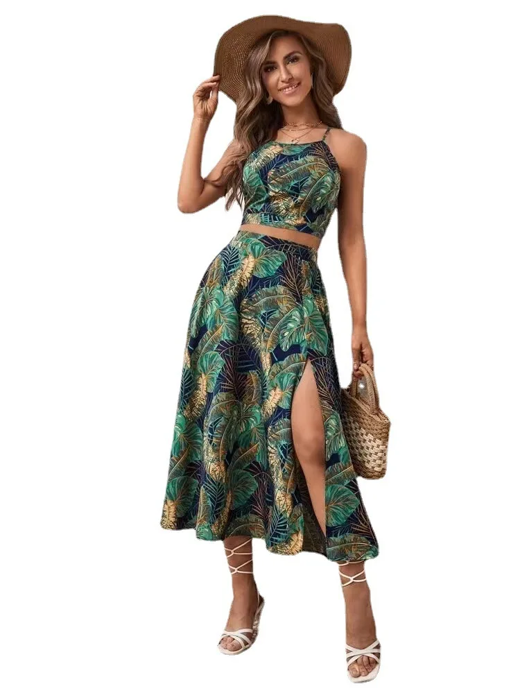 Fashion Chic Printed Skirt Two Piece Set For Women Bodycon Leace-up Short Spaghetti Strap Top Slit A-line Skirts Sets Summer New