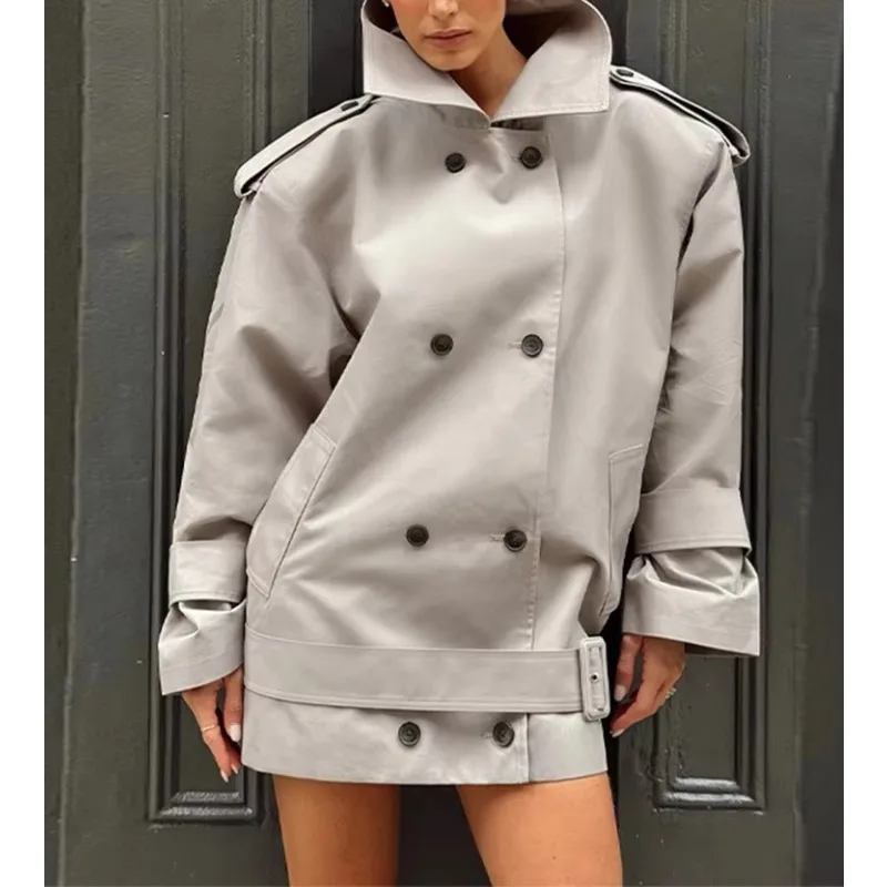 Women Double Button Trench Fall Winter Turn Down Patchwork Long Sleeve Oversized Coat
