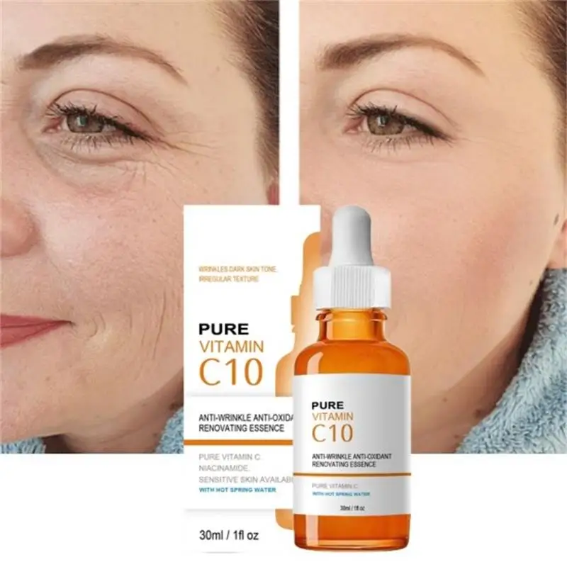 Soro da cara do Anti-enrugamento da vitamina C10, antienvelhecimento, desvanecer-se olho, linhas finas, linhas do pescoço, hidratando, firmando, facial, alvejante, essência