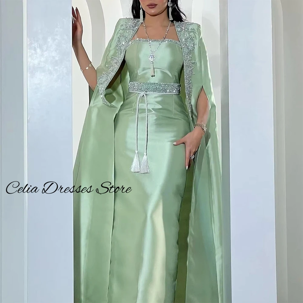 Luxury Green Satin Evening Dress Customized Elegant Strapless Homecoming Dresses Sparkly Crystal Beading Formal Occasion Gowns
