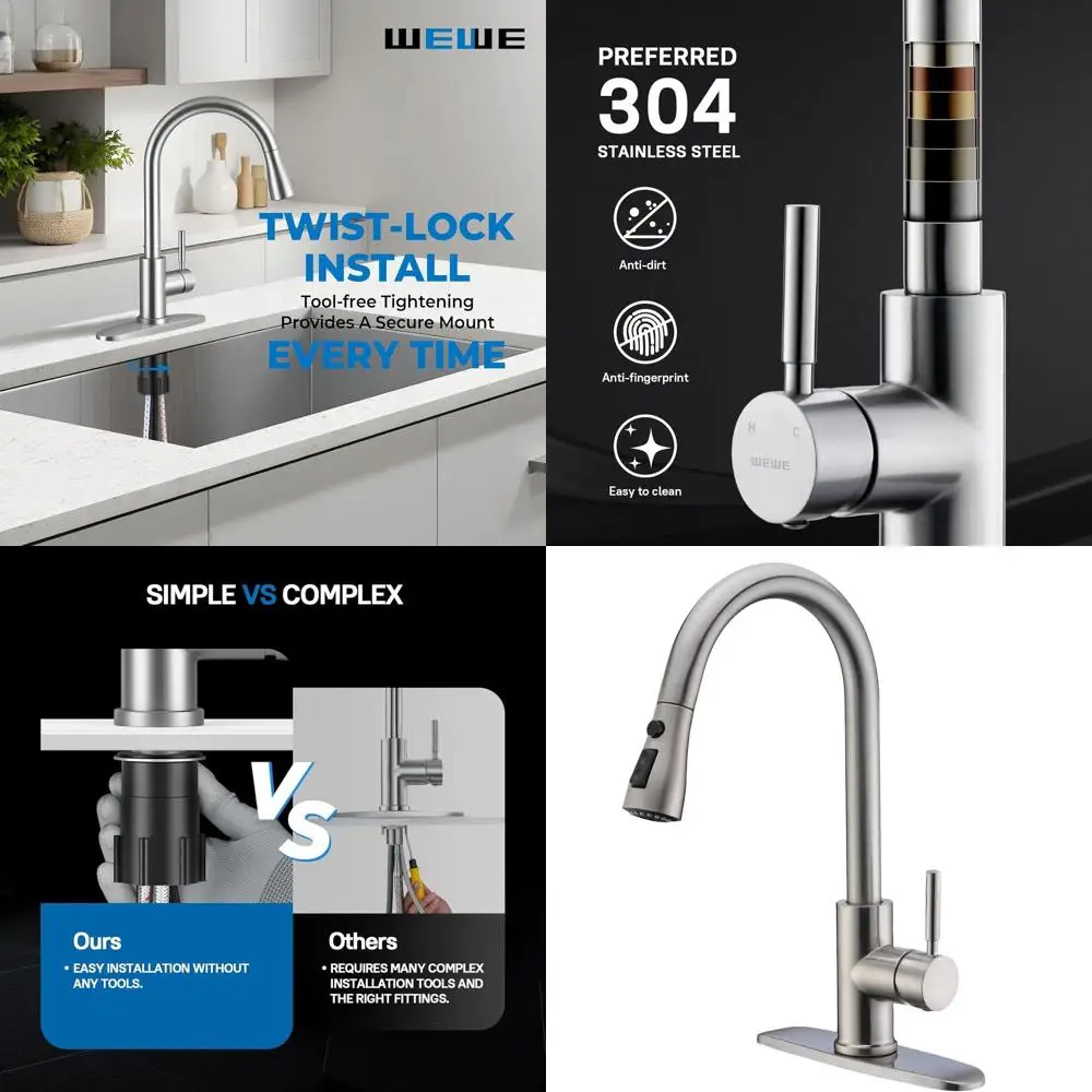 

Pull-Out Kitchen Faucet with High Arc and Nickel Finish, Stainless Steel Sink Faucets with Pull-Down Sprayer, Ideal for Laundry,