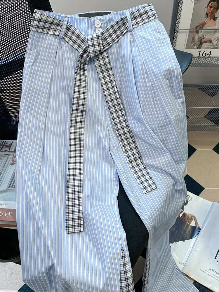 Jmprs سروال مخطط مرقع للنساء حزام كوري عالي الخصر بنطلون مستقيم غير رسمي فضفاض أنيق أنثى موضة بنطال ذو قصة أرجل واسعة #4