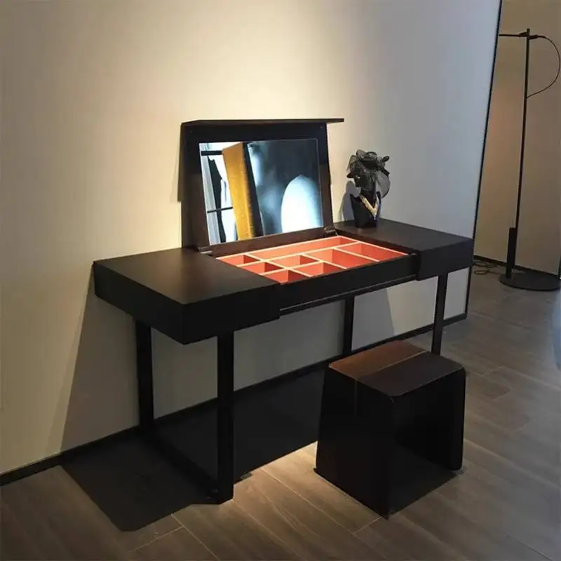 

Black European Makeup Vanity Desk Glossy Wooden Space Saving Makeup Vanity Desk Modern Mirror Kaptafel Furniture For Home