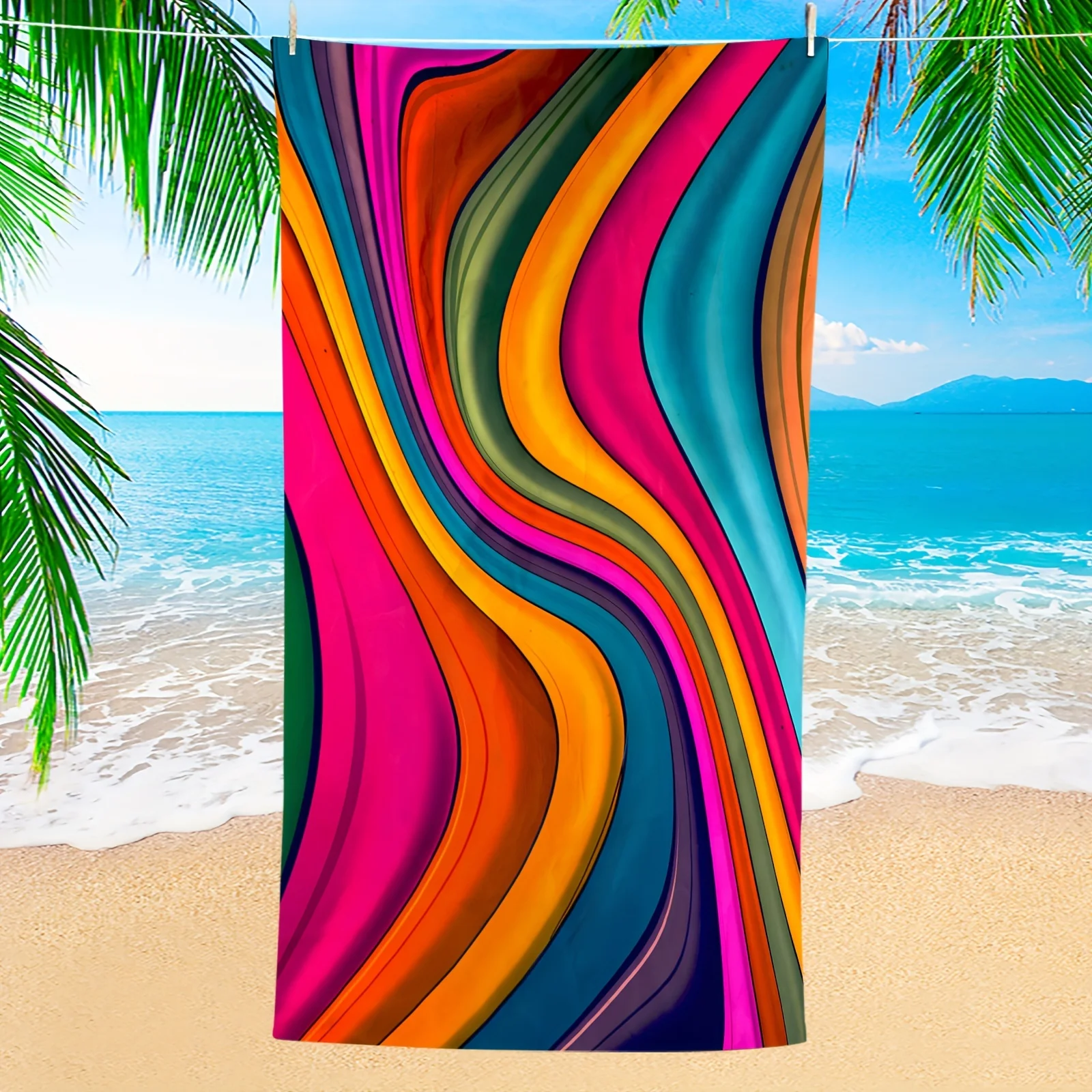 Colorful Waves Artistic Beach Towel, Vibrant Ocean Abstract Quick-Dry Sand-Free Microfiber Bath Towel for Yoga, Swim and Camping