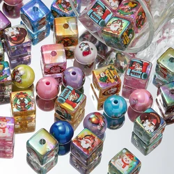 5pcs Acrylic Christmas Print Beads Colorful Square Round Spacer Bead for Bracelet Keychain DIY Jewelry Making Accessories