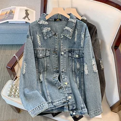 150Kg Plus Size Women's Bust 155 Spring Autumn Tattered Denim Jacket Loose Long Sleeved Coat Black Blue 6XL 7XL 8XL 9XL 10XL