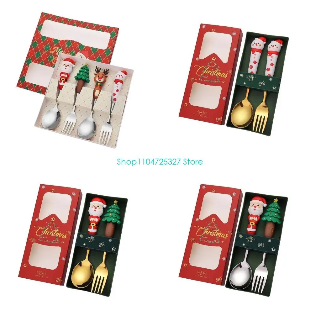 D8KF Dessert Spoon and Fork Set for Christmas Feasts 410Stainless Steel Texture