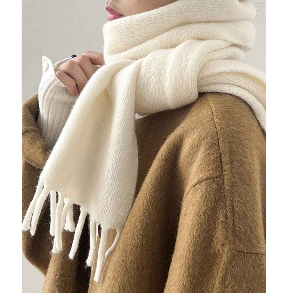 2024 Women Winter Warm Cashmere Scarves Solid Color Tassels Hem Vintage Women Beige Scarf Female Scarves