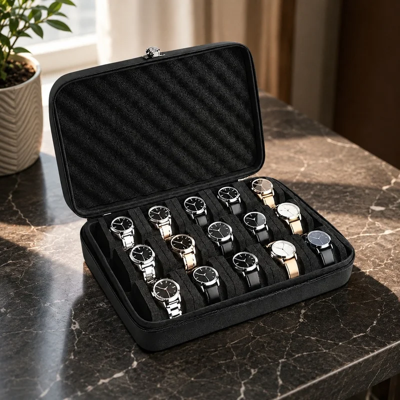 Compact Travel Watch Display Box with 15 Cushioned Compartments and Durable Protective Shell for Storage