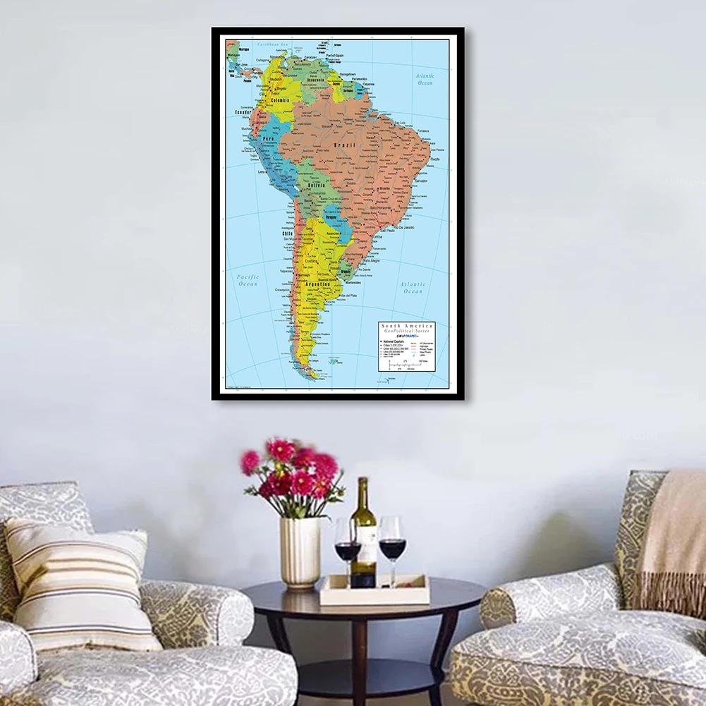 Póster de arte de pared con mapa de América del Sur, pintura en lienzo en aerosol, suministros escolares de viaje, sala de estar, decoración del