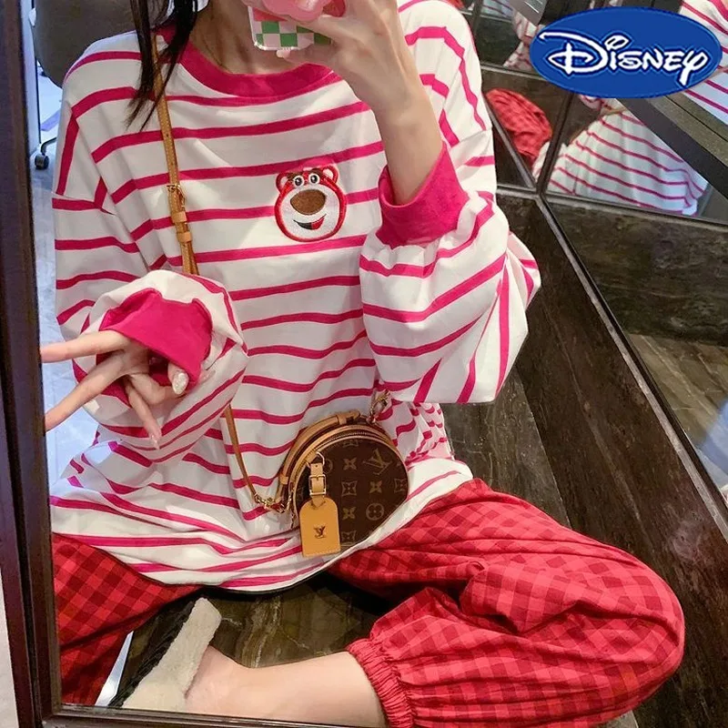 Disney Lotso Woman Pajamas Set Cartoon Girls Loose Printing Home Long-sleeved Pants Y2K Fashion Soft Home Pyjamas Casual T-shirt