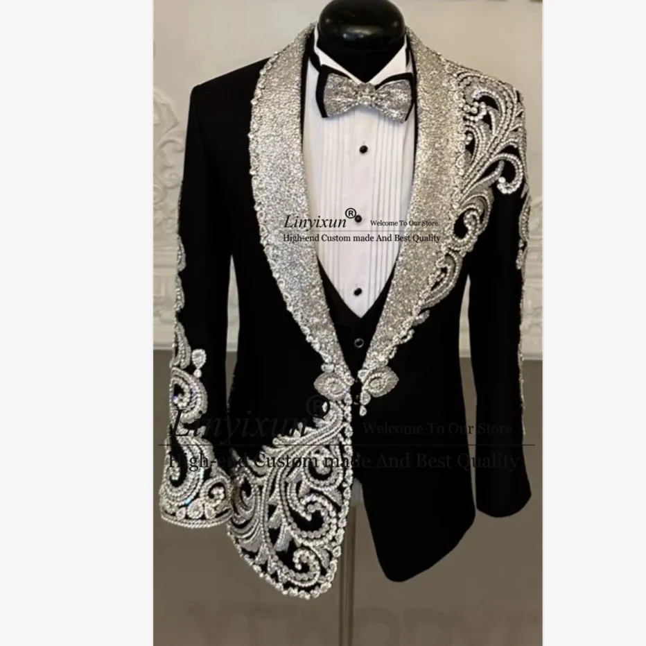 Luxury Beaded Diamond Tuxedos Men Suits 3 Pieces Sets Wedding Groom Male Prom Blazers Slim Fit Glitter Lapel Party Costume Homme