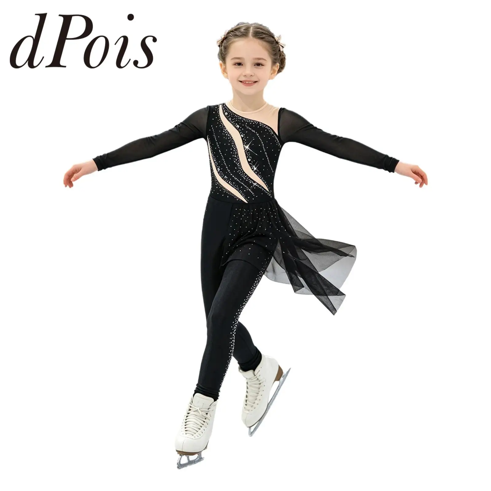 子供用、女の子向け、フィギュアスケート衣装、バレエジャンプスーツ、ダンス衣装、ラインストーン付き、体操用ボディスーツ、アイススケートウェア、ダンスウェア