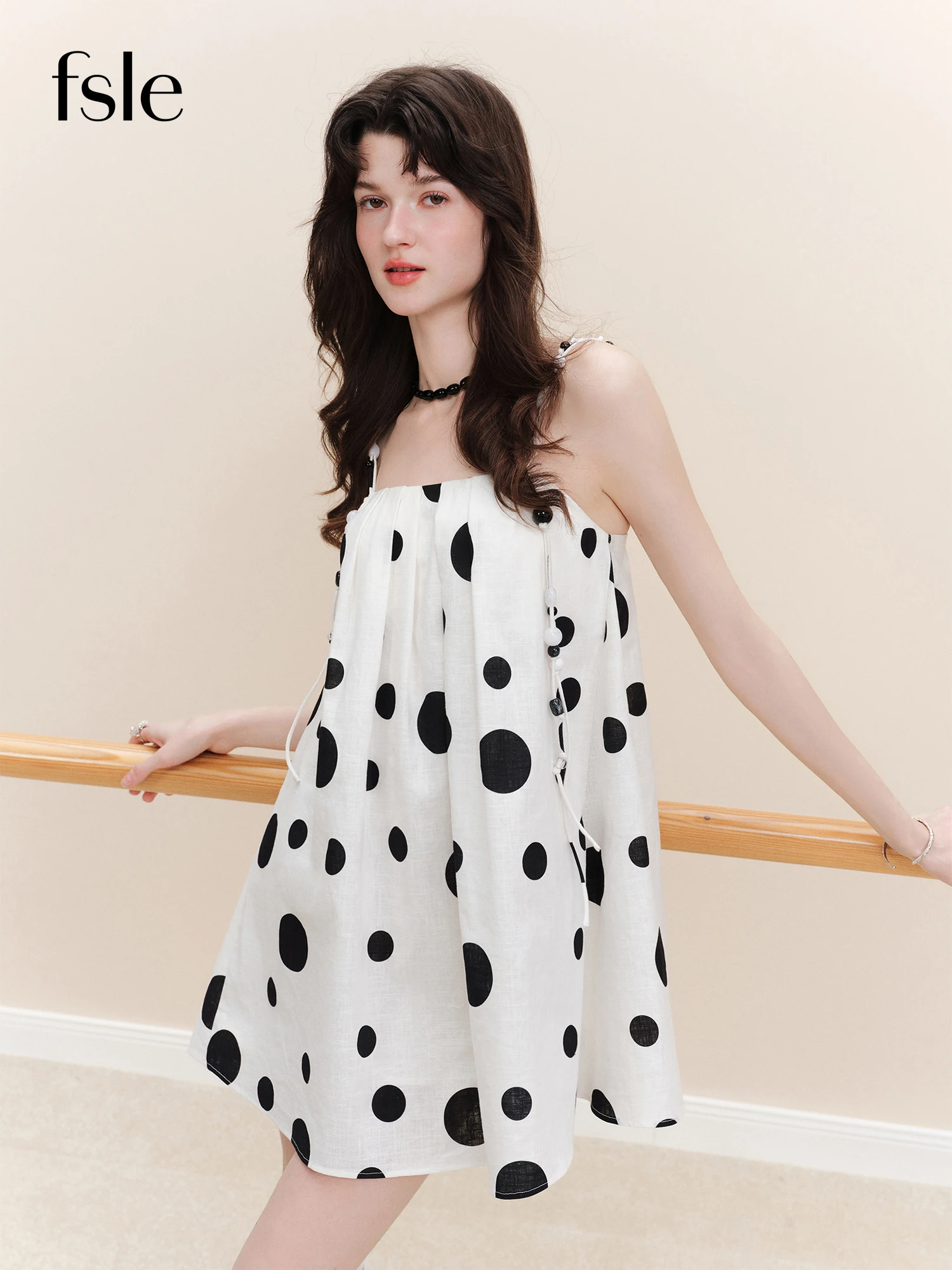 FSLE【L'amour Series】Summer Women's French Style Blend Polka Dot Slip Dress with Beaded Detail Beach Vacations Summer Vibes Dress