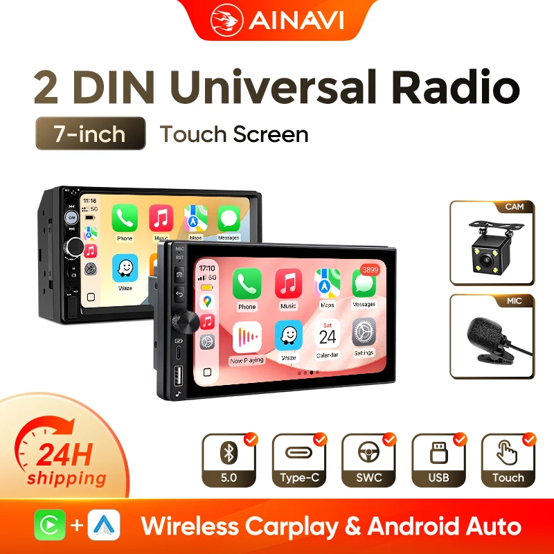 AINAVI 7-calowy uniwersalny radioodtwarzacz samochodowy 2 DIN z ekranem dotykowym, bezprzewodowym CarPlay i Android Auto, obsługą SWC, multimediami samochodowymi, BT 5.0 i systemem Linux Autoaudio