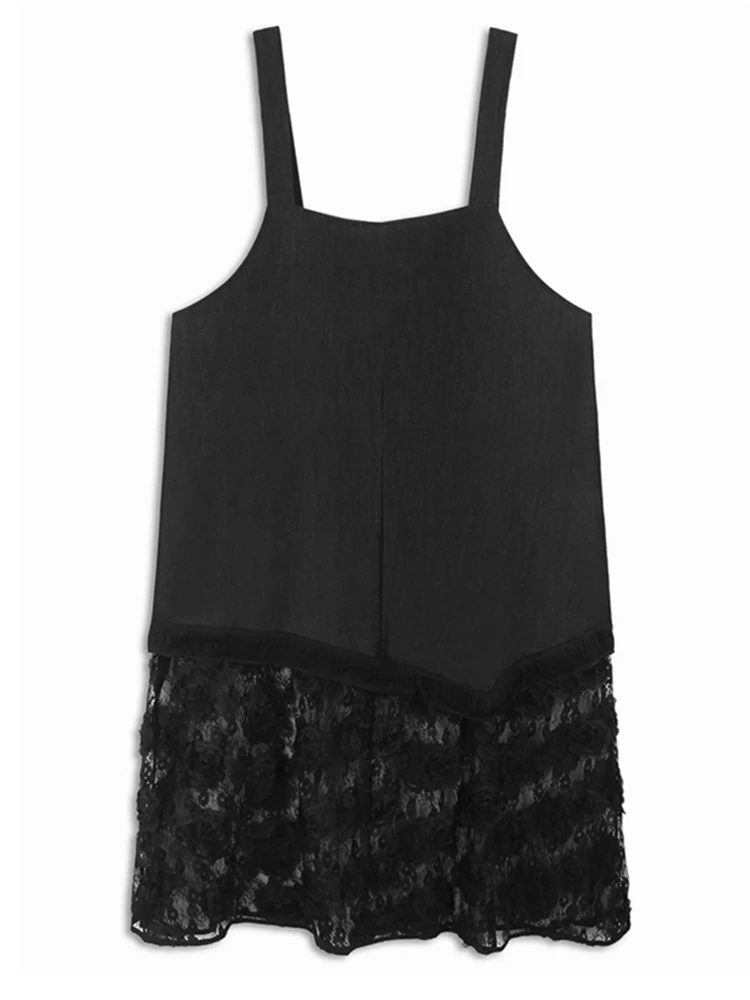 [EAM] Women Black Lace Spliced Big Size Midi Strap Dress New Square Collar Sleeveless Fashion Tide Spring Autumn 2024 1DH7094