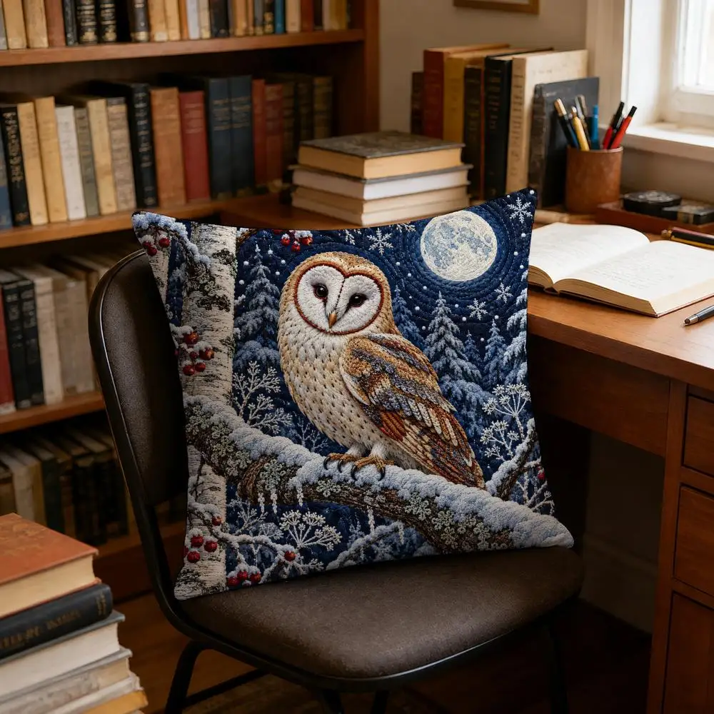 Winter Woodland Barn Owl Folk Art Cushion Cover Soft Pillow Cases Hidden Zipper Cutecore Sofa Bedroom Home Decor Gift 4