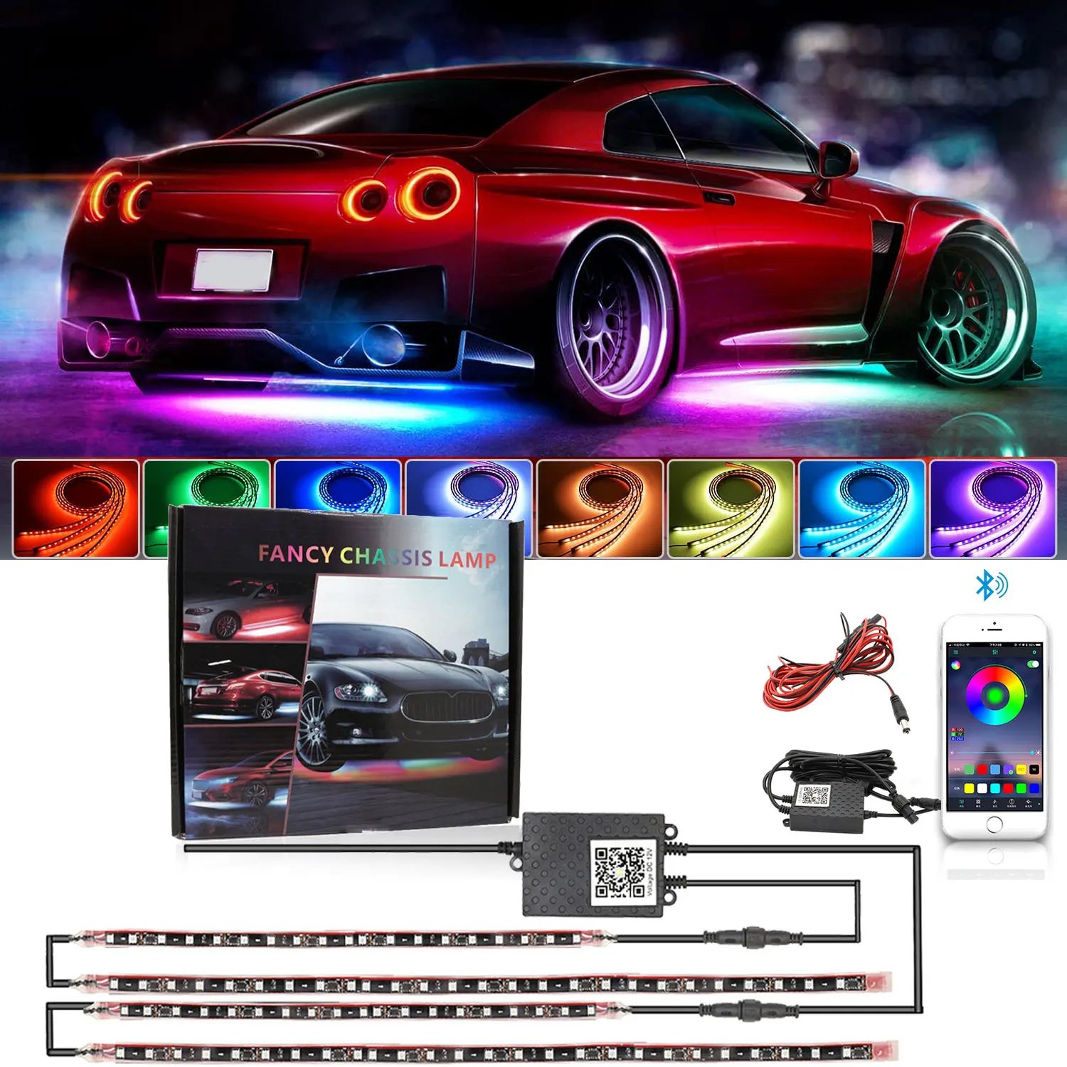 

4PCS Colorful/RGB LED Strip App Control Flowing Color Under Car 90CM 120CM 150CM Tube Underglow Underbody System Neon Light 12V