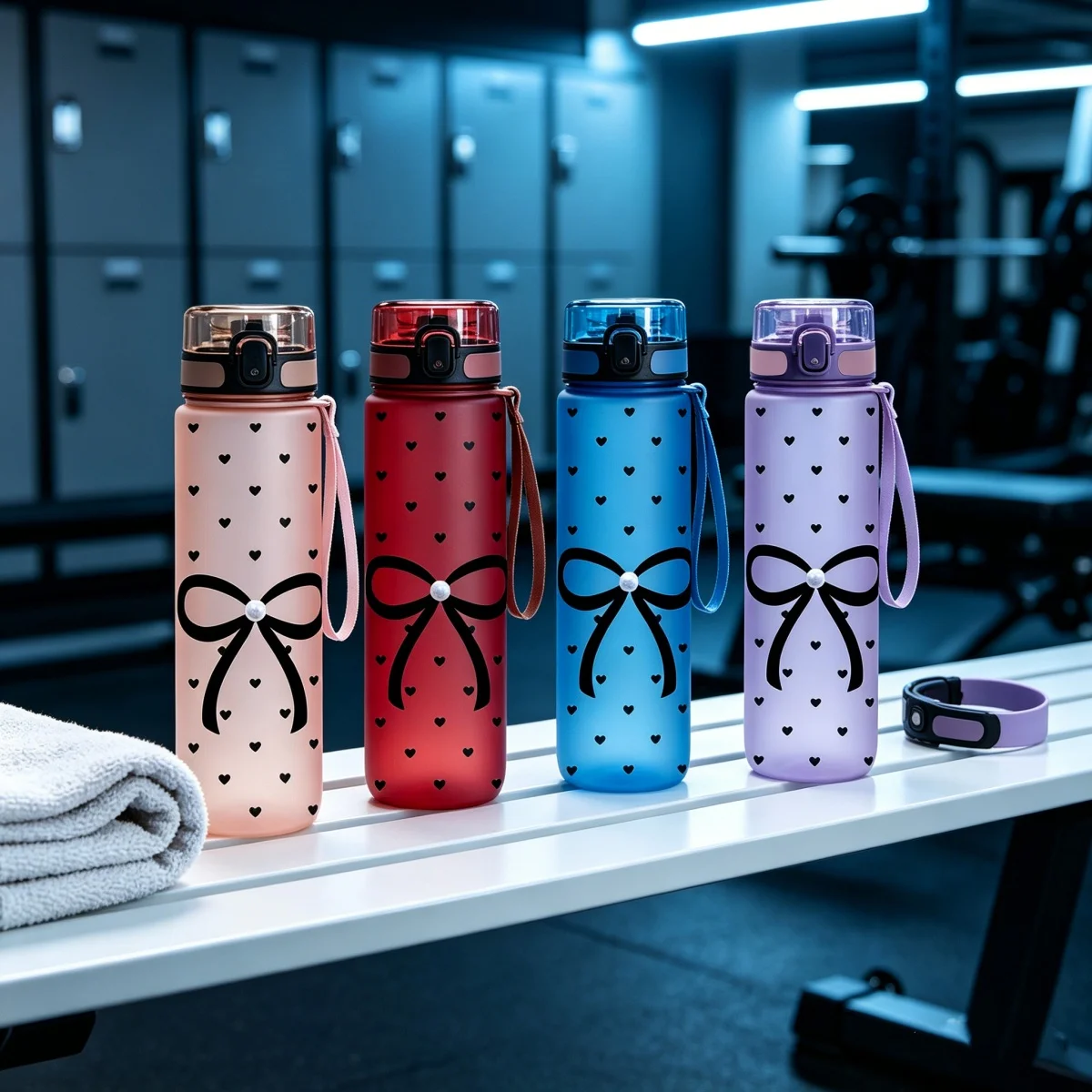 700ml Cute Bow & Heart Print Water Bottle Leakproof Flip Top Straw Cup Portable for School Travel Sports Women