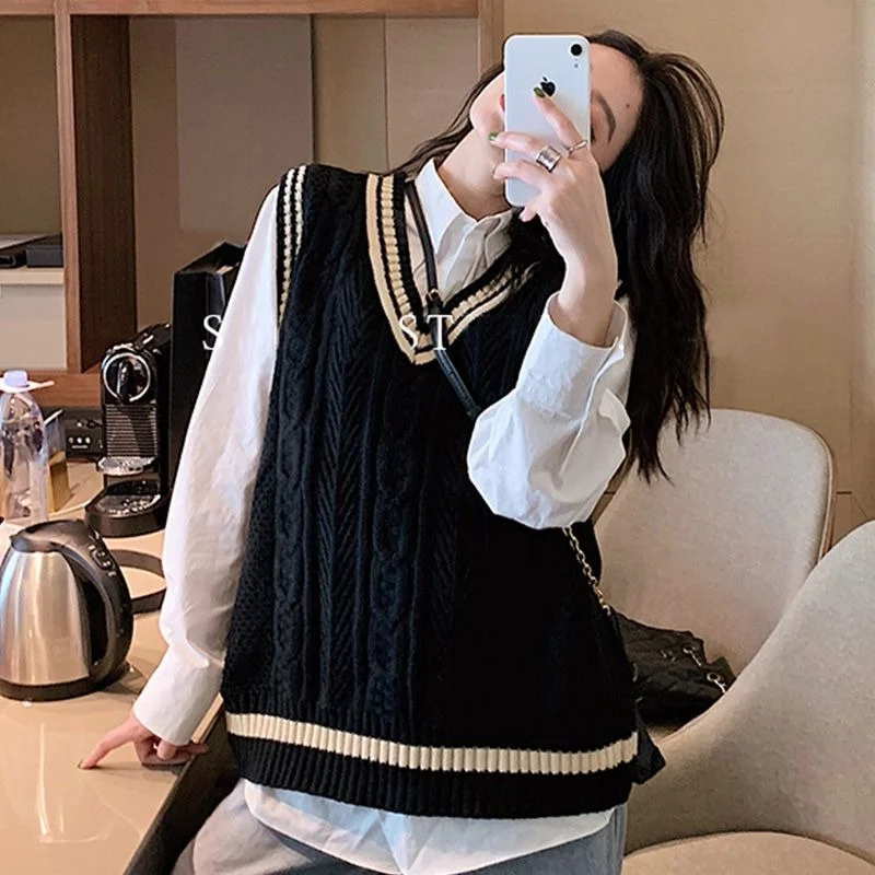 

Женский комплект из двух предметов: белый вязаный жилет и юбка, V-образный вырез, свободный крой, осенний повседневный стиль, большие размеры