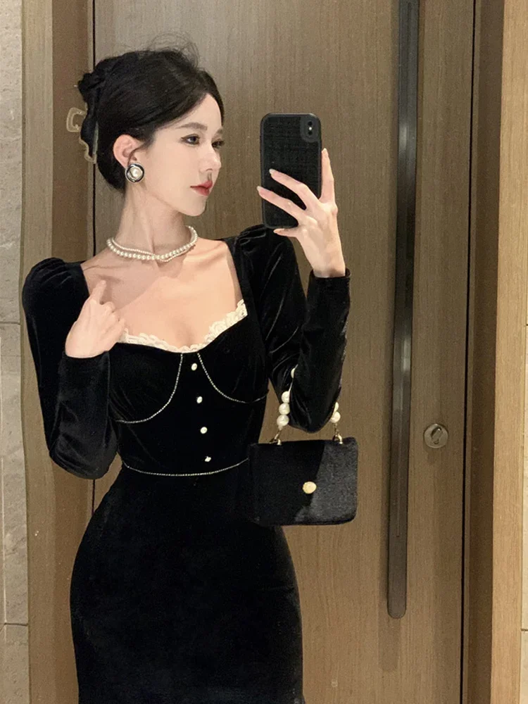 

Autumn New Vintage Women Dress Korean Fashion Lace Splicing Square Neck Long Sleeve High Waist Slim Black Velvet Mermaid Dresses