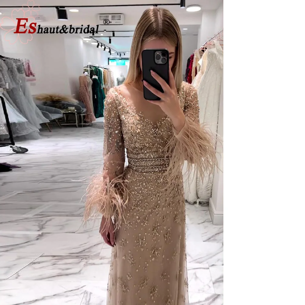 Elegant Dubai Feather Evening Dress for Women 2024 O Neck Aline Long Sleeves Beads Formal Prom Wedding Party Gowns Customized