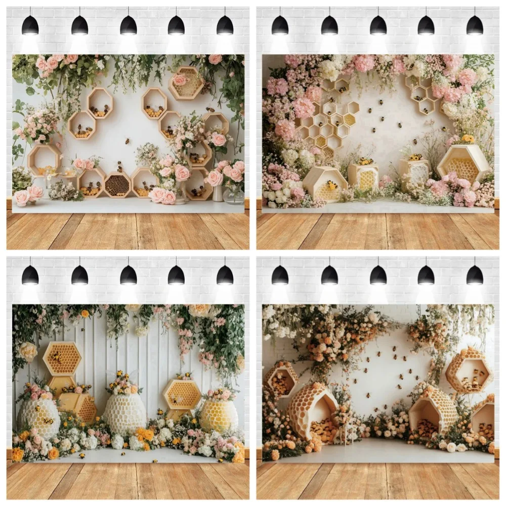 

Children's Birthday Portrait Flower Honeycomb Bee Photography Background, Family Party Decoration Studio Photography Background