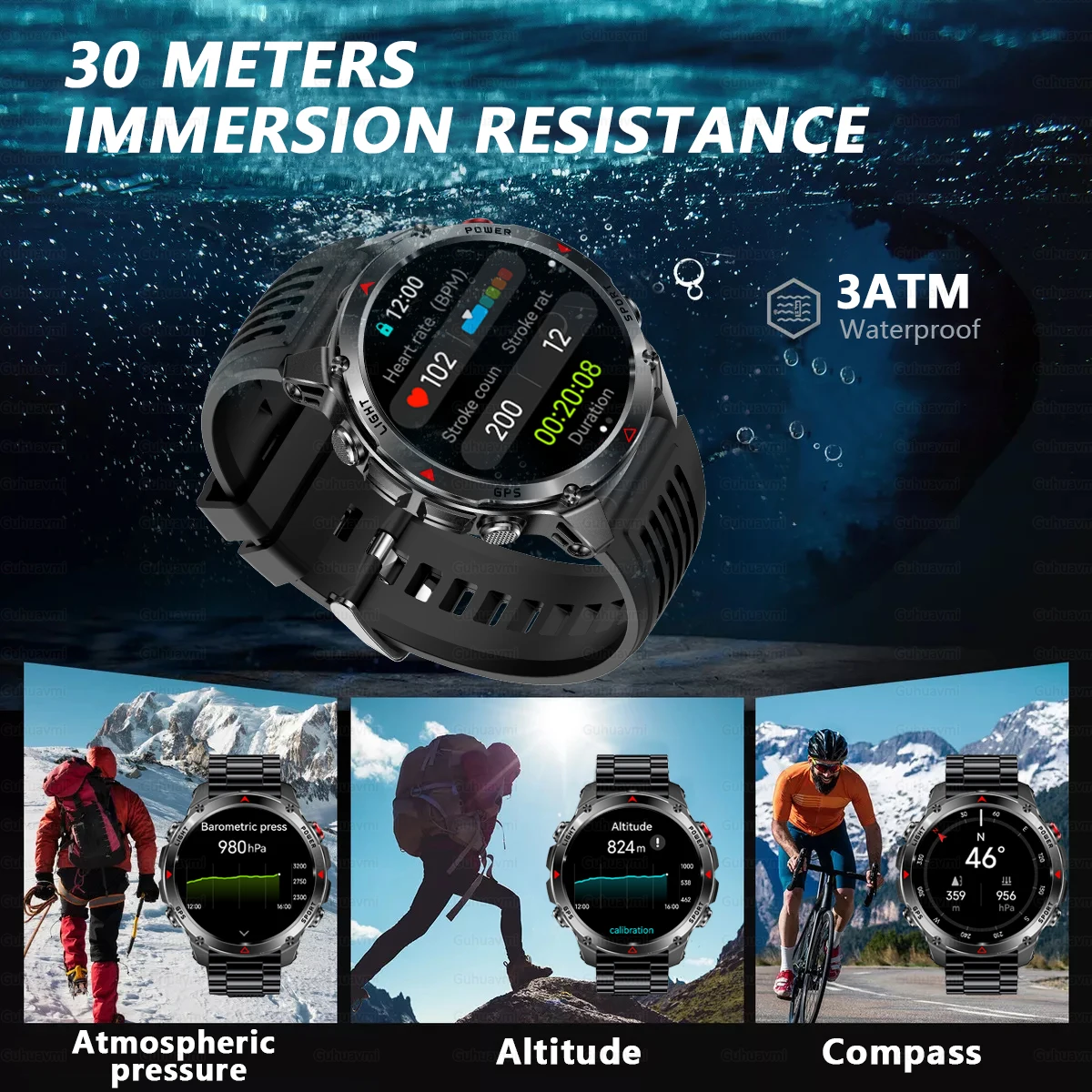 Nuevo T-Rex 3 deportes al aire libre GPS reloj inteligente Trackr brújula altímetro 10ATM y IP69K BT llamada luz LED Smartwatch hombres 540Mah batería