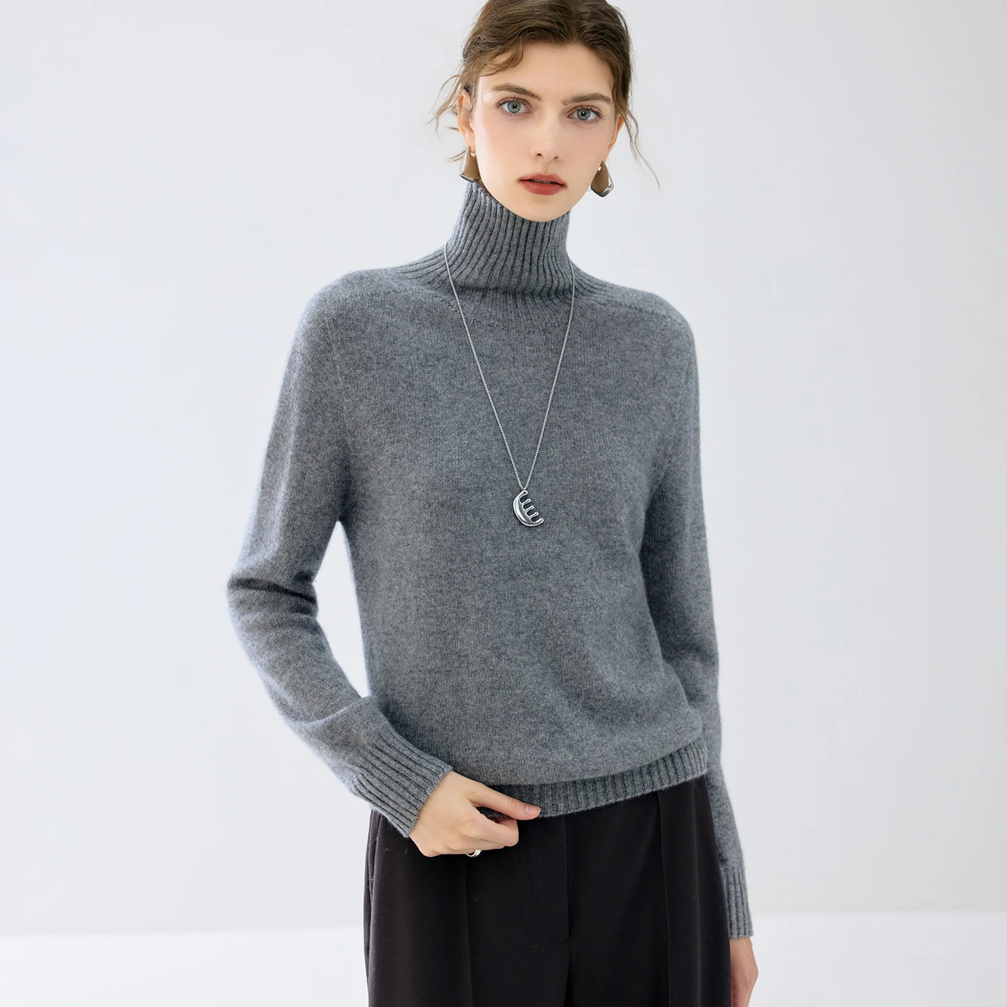 100% cashmere knitted solid color long sleeved elegant basic style women's pullover seamless high neck sweater winter top