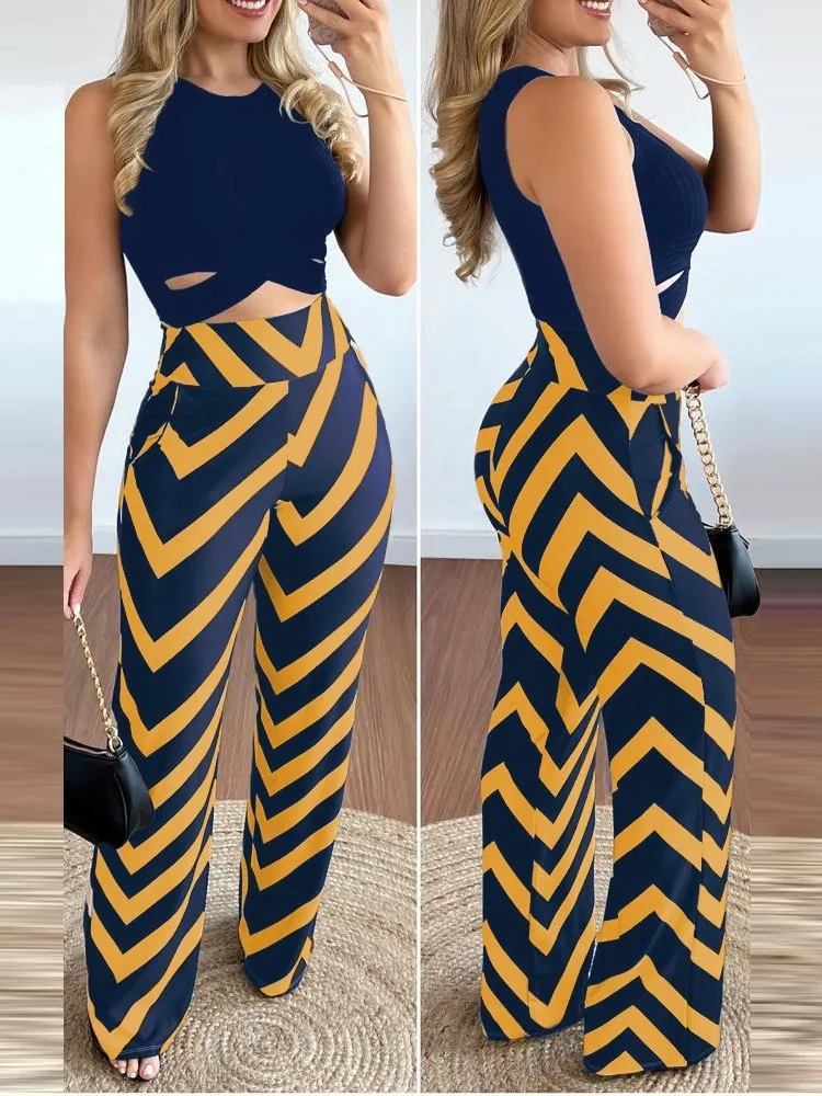 Elegant Womens Two Piece Set 2023 Summer Soild Slim Sleeveess Tank Top & Print Wide Leg Pant Sets O-neck Casual 2 Pieces Outfits