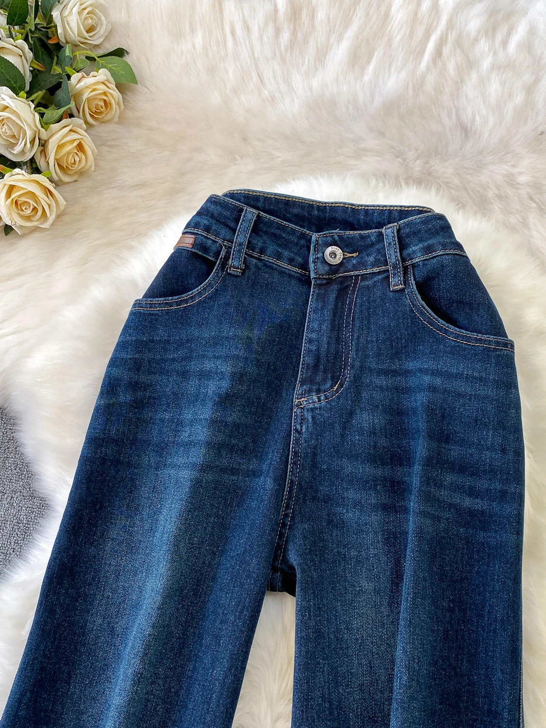 Amerikanische Retro-Jeans mit hoher Taille für Damen, lockere Hose mit geradem Bein, lässige Herbst-Winter-Faion-Hose in Übergröße mit Bündchen und weitem Bein