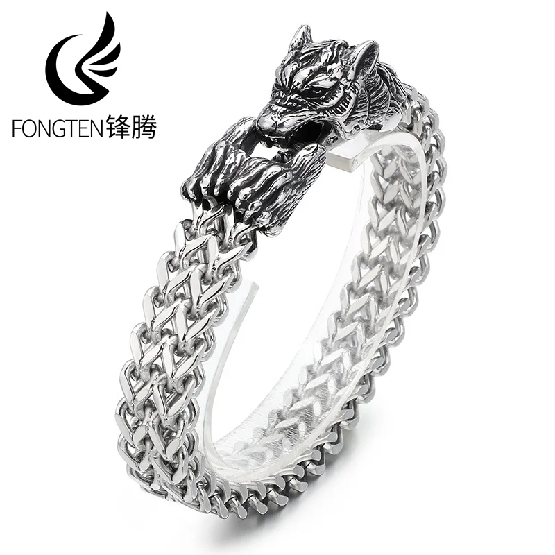 

Fongten Wolf Head Animal Punk Men Bracelet Viking Retro Stainless Steel Wristband Charm Trendy Mesh Chain Bangle Jewelry