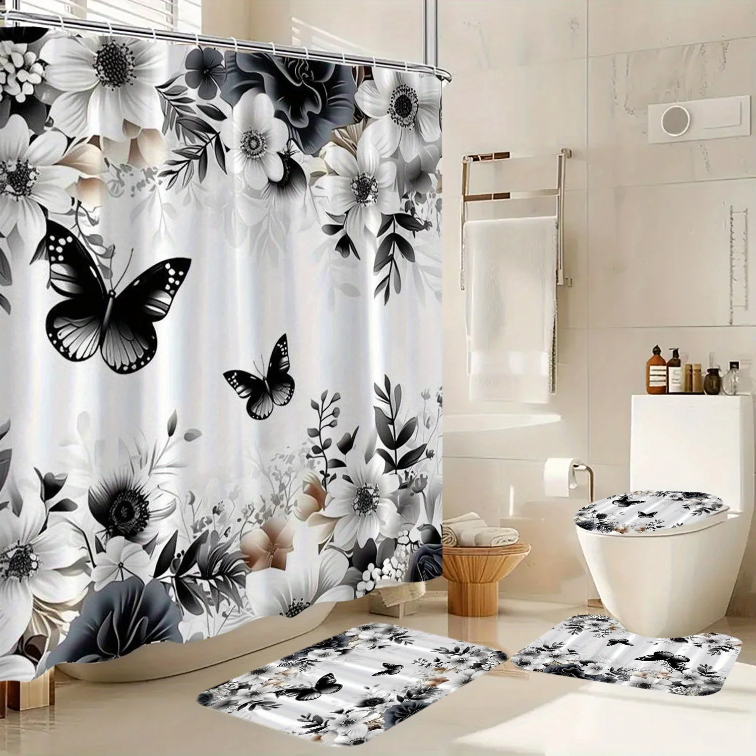 

4шт. Черно-белый цветочный узор бабочки, полиэфирная ткань, занавеска для душа, коврик для унитаза, нескользящий коврик, U-образный коврик