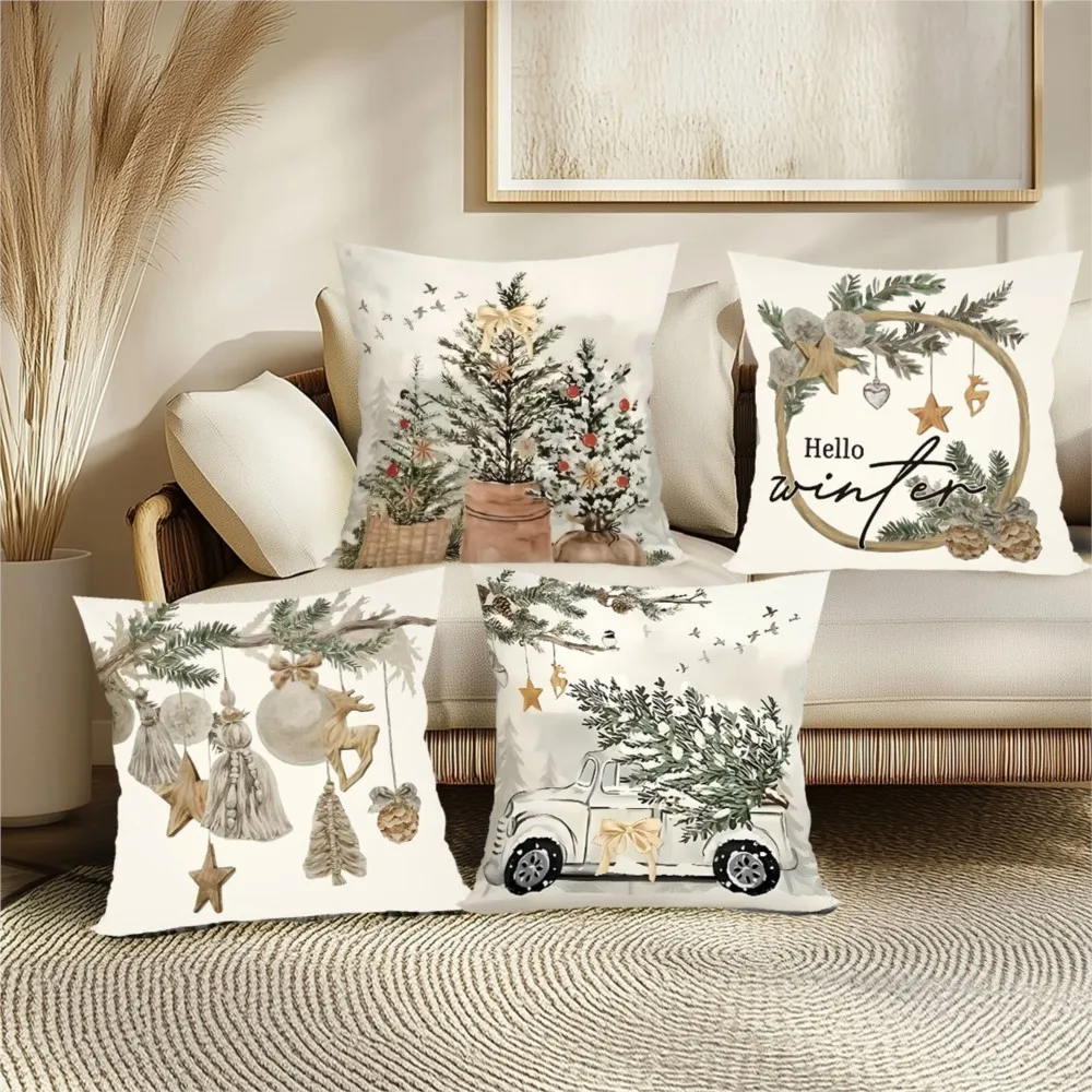 4Pcs Retro Christmas Throw Pillow, Christmas Tree Pattern - Double-Sided Printed Design,Soft Plush Cushion with Insert