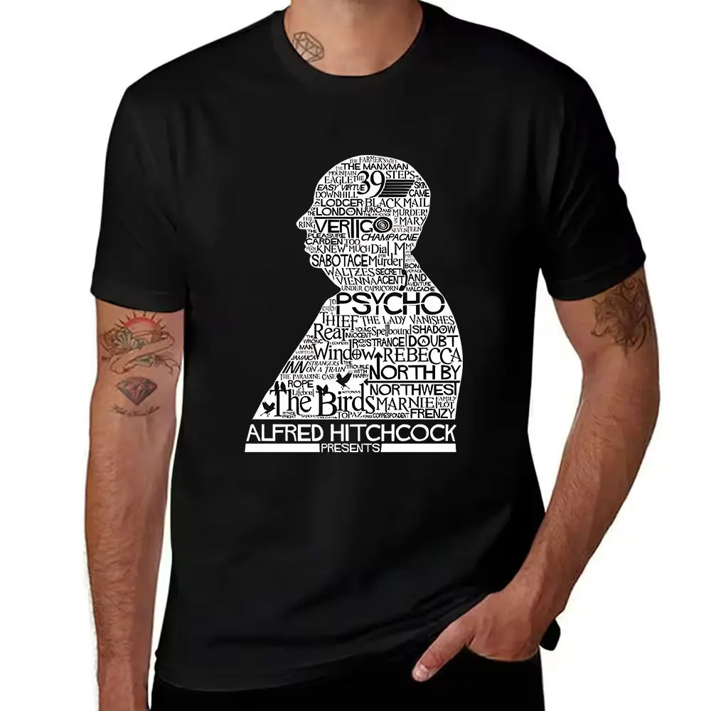 Men's Cotton Short Sleeve T-Shirt, Alfred Hitchcock Themed Word Art Print, Movie Lover Graphic Tee for Casual Wear