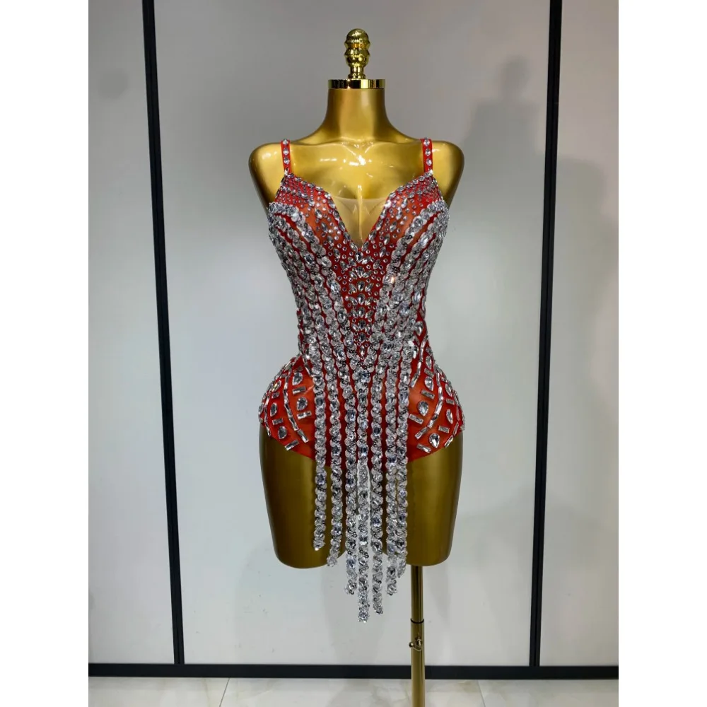 Women Sparkly Rhinestones Tassels Bodycon Bodysuits Nightclub Performance Stage Luxury Birthday Party Costume