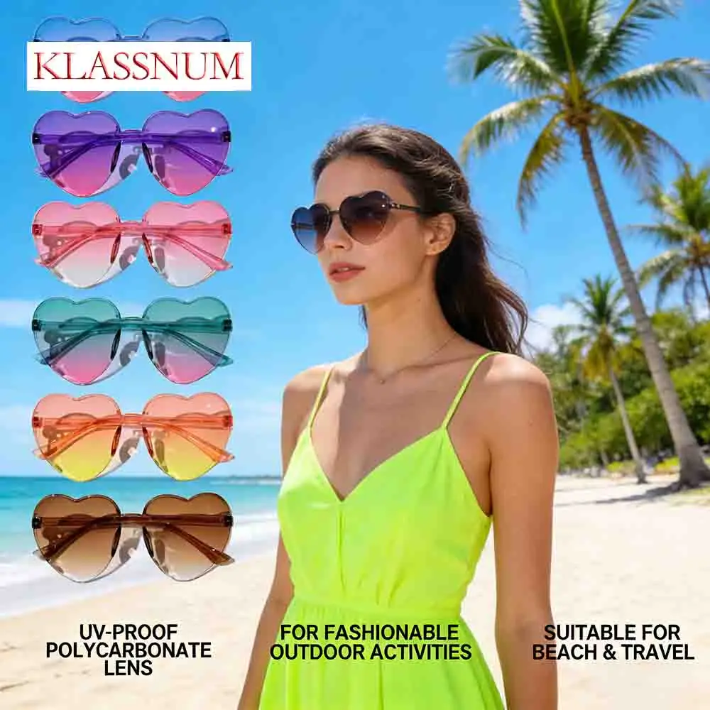 Candy Colors Heart Shaped Rimless Sunglasses Women Gradient Love Sun Glasses Y2K Fashion Sunnies Shades Outdoor travel beach