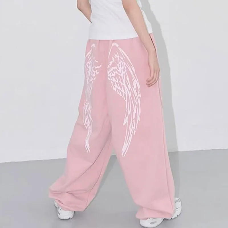 Korean Version Pattern Wings Personalized Angel Printed Loose Sweatpants Fresh Retro Wide-leg Pants Female Y2k Straight Overalls