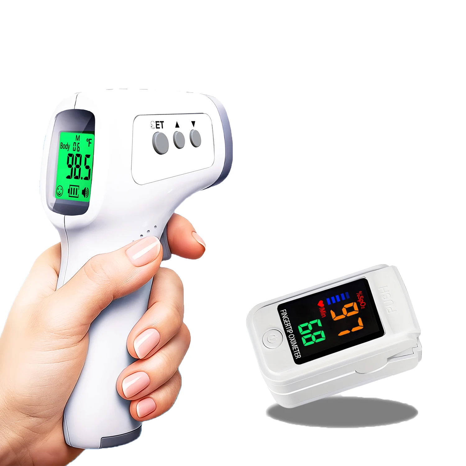 Medical Backlit Thermometer Non-Contact Body Temperature Gauge Mini Fingertip Oximeter Blood Oxygen Tool
