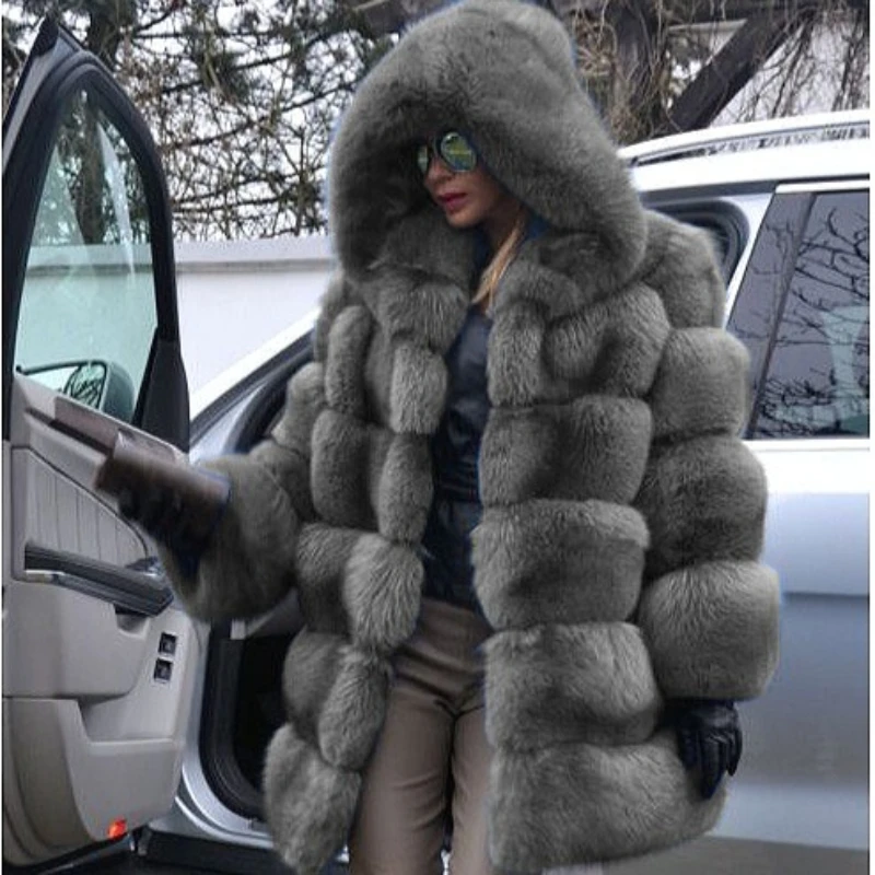 

Faux Fox Fur Coats Women Mid Length Jacket Y2k Hooded Coverd Button Long Sleeve Thick Warm Fur Loose Casual 2025 Autumn Winter