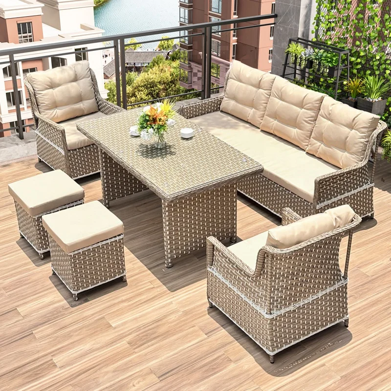 #Outdoor Wicker Rattan Dining Sofa Set Beige Cushions with Rectangular Table Ottomans Weather Resistant Patio Furniture