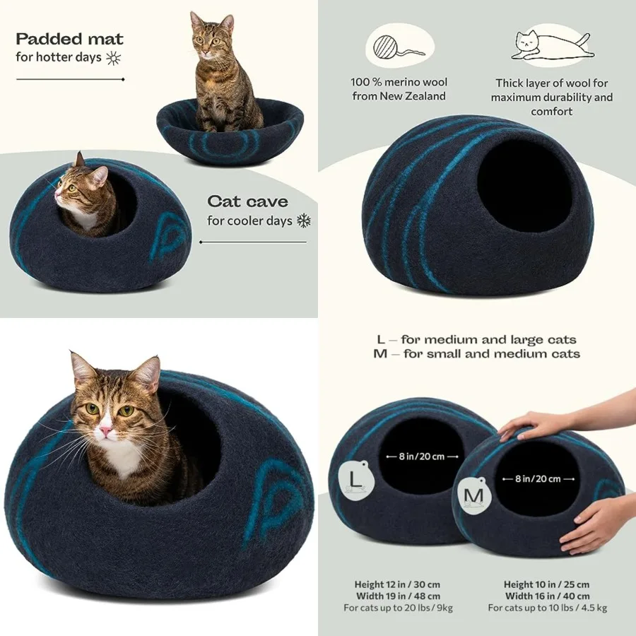 

Cat Cave Premium Felt Cat Bed for Indoor Cats, Handmade 100% Meri Wool Large, Black Aqua