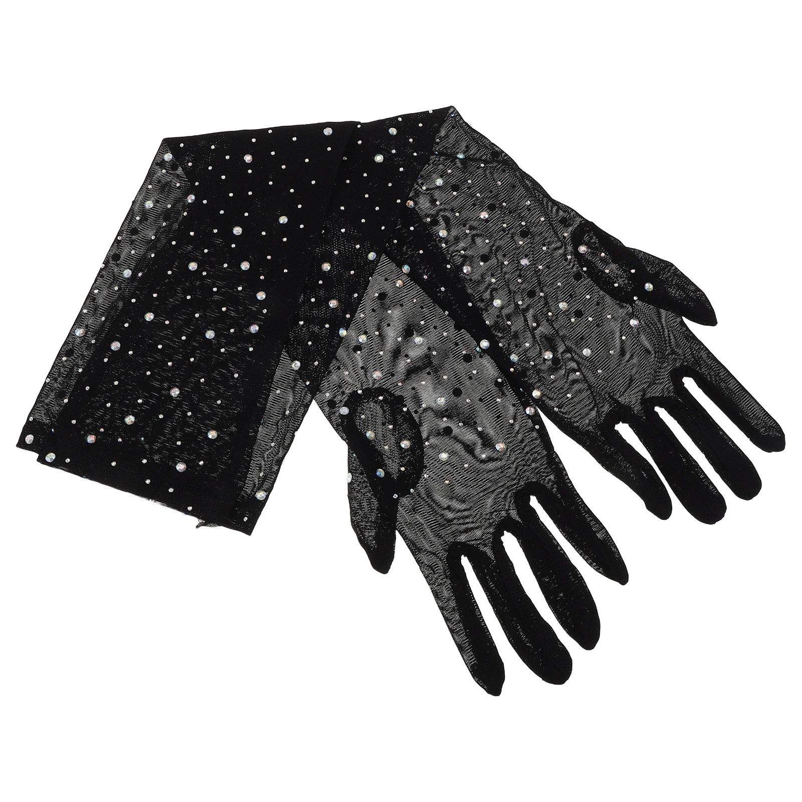 

1Pair Black Rhinestone Gloves Sheer Mesh Tulle Long Stretchy Sparkly Gloves for Women Wedding Evening Party Bridal Rave Supplies