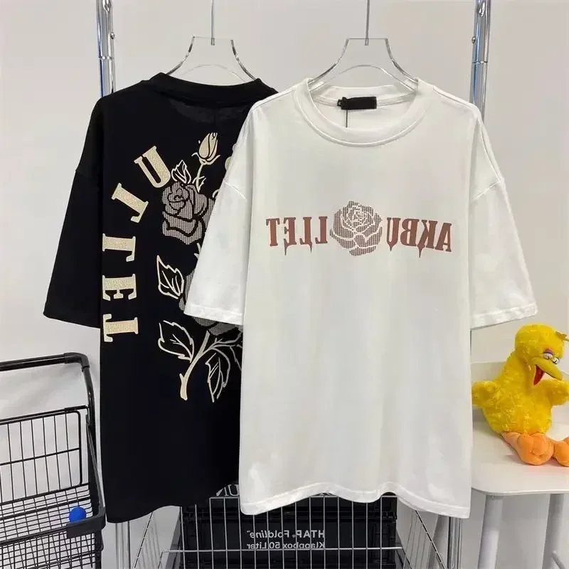 2024 High Street Hiphop Rose Short Sleeve T-shirt for Men and Women Design Sense Niche Ins Casual Loose Top