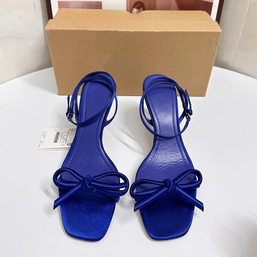 Zafetou Shoes Women 2024 Summer New Style Fangtou Exposed Toes Bow High Heels  Cross Ankle Straps Exposed Heels Women's Sandals