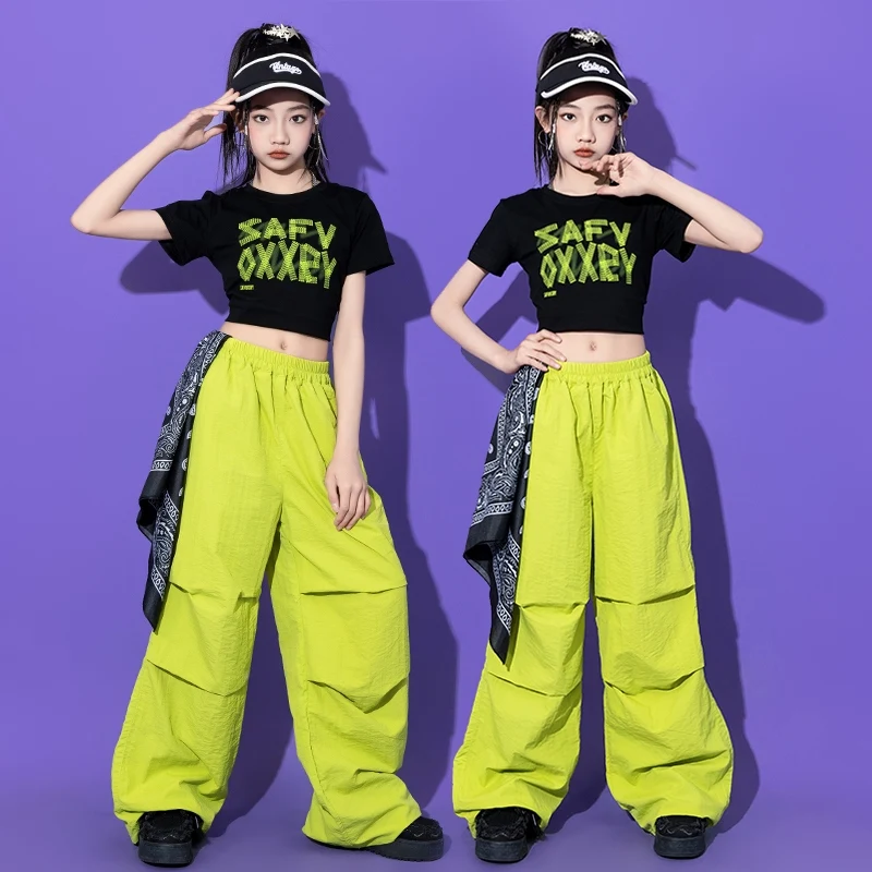 Kinder Team Kleidung Jazz Dance Kleidung Hip Hop Kostüme Kurzarm Top Grün Cargo Hosen Anzug Street Dance Tragen DQL10735