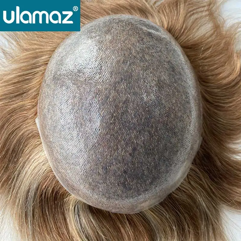 تسليط الضوء على الشعر الأشقر 0.08 مللي متر الجلد الذكور الشعر الاصطناعية عقدة بولي Toupee الشعر الرجال نظام الشعر الملون شعر مستعار للرجال شعر الإنسان الذكور الباروكات #3